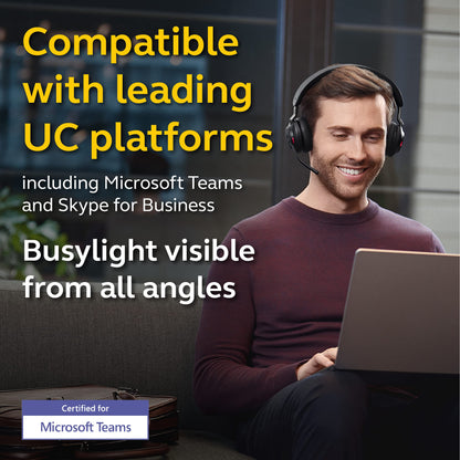 Jabra Evolve2 65 is a wireless PC headset with a charging stand. It has noise-canceling, Microsoft Teams certification, stereo sound, and a long-lasting battery. The set includes a USB-A Bluetooth adapter. Available in black.