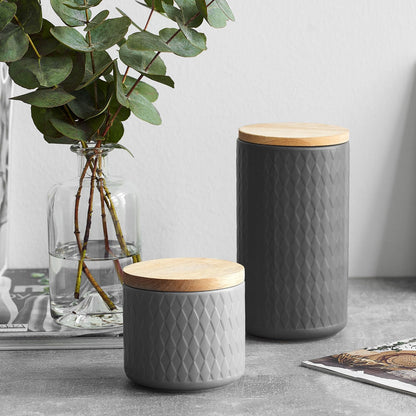 SPRINGLANE Ceramic Storage Jars 2-piece Set with Wood Lid Gray, Rubberwood Lid, Storage Containers, Fresh-keeping Jars