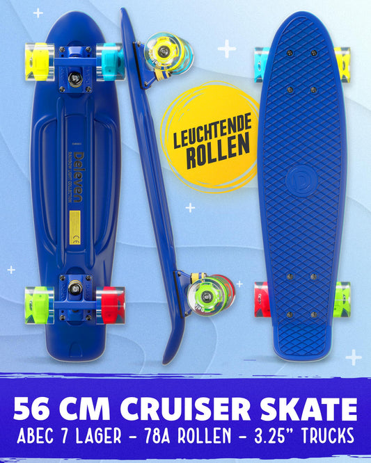 Deleven Skateboard with LED wheels, skate tool, and ABEC 7 bearings - for kids, adults, and beginners - 56 cm