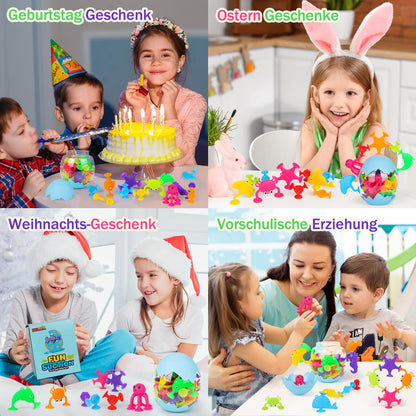Suction cup toy, 50 pieces sensory silicone building blocks suction toy, bath toy for babies from 3 years with dinosaur egg storage, children stress relief gift for 4 5 6 year old boys and girls.