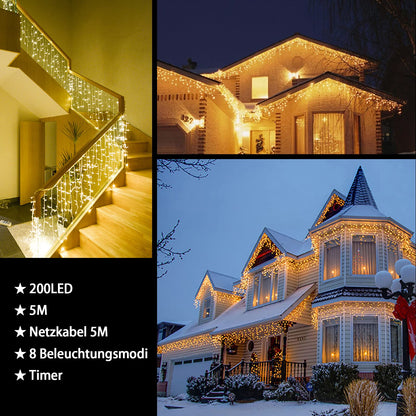 String lights Ice rain Outdoor, 5m 200 LED light curtain LED with timer, IP44 waterproof 8 modes for indoor outdoor Christmas, Bedroom, Party, Wedding, Balcony, Garden Decoration
