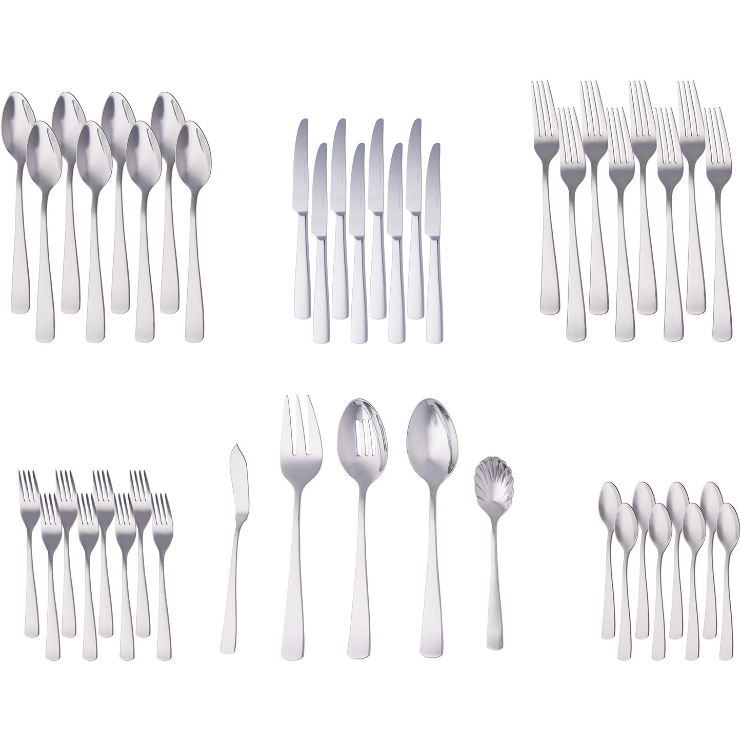 Amazon Basics - Stainless Steel Flatware Set with Square Edge, 45-Piece Set, for 8 People, Silver Color.
