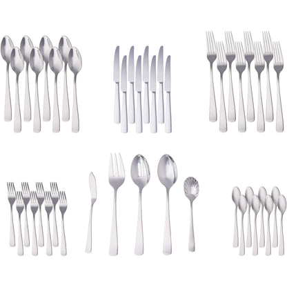 Amazon Basics - Stainless Steel Flatware Set with Square Edge, 45-Piece Set, for 8 People, Silver Color.