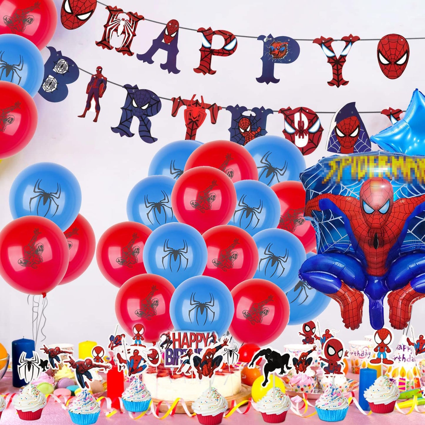 Spiderman birthday party decorations, 30 helium balloons for birthday, featuring huge 3D Spiderman hero balloons and number balloons, birthday decor for 5-year-old kids.
