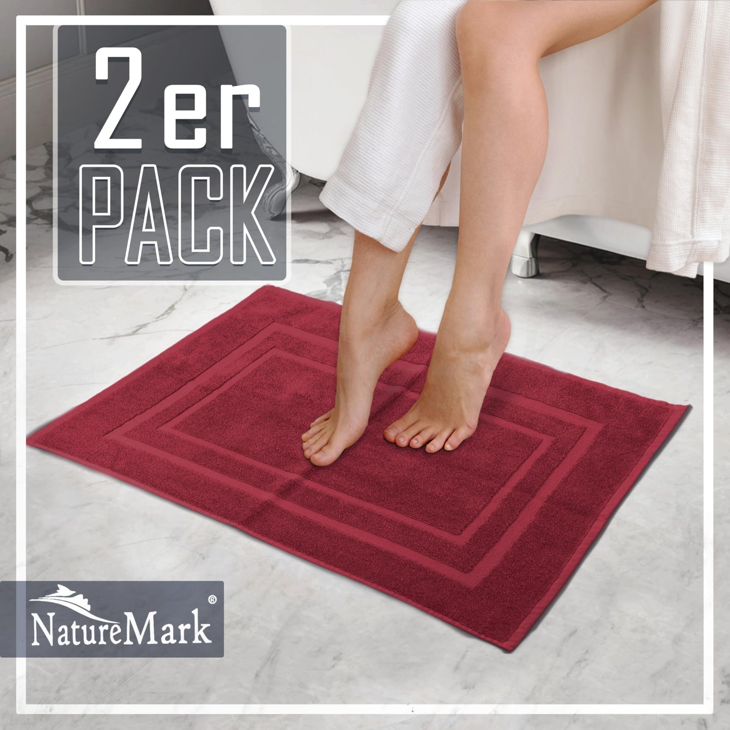 NatureMark 2-pack bath mat | Premium quality | 100% cotton | 50 x 80 cm | Shower mat double pack | Color: Bordeaux red