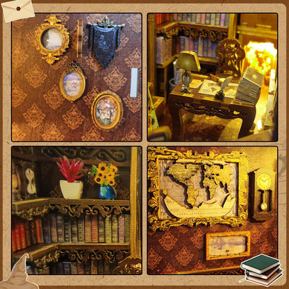 CRIOLPO Book Nook Kit - DIY dollhouse wooden miniature house kit, book corner kit for adults teens, 3D wooden puzzle bookshelf insert kits with sensor LED light (library of books), SL-06