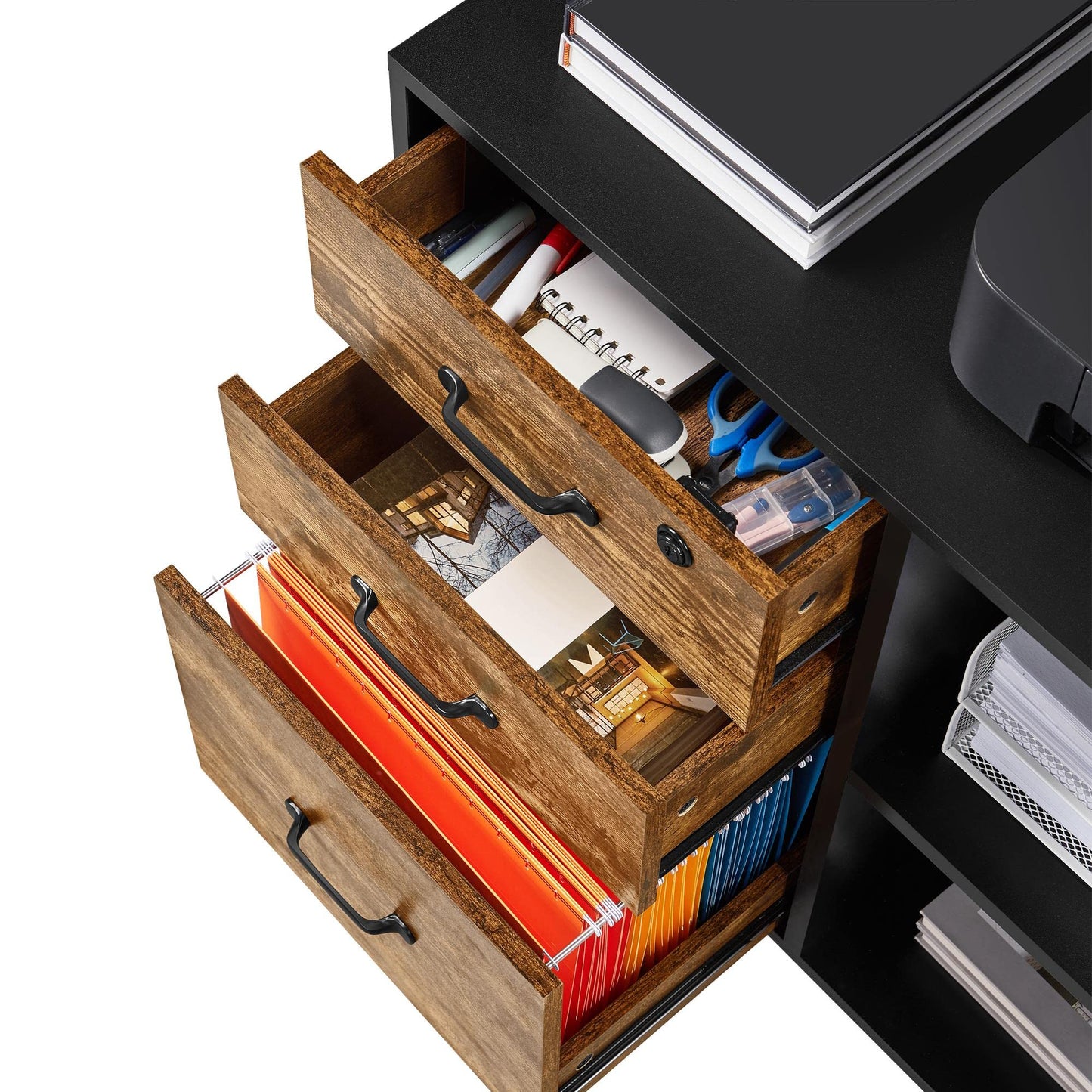 Yaheetech rolling file cabinet, office cabinet with 5 wheels, 3 drawers and 2 open compartments, industrial design, for documents, vintage brown-black.