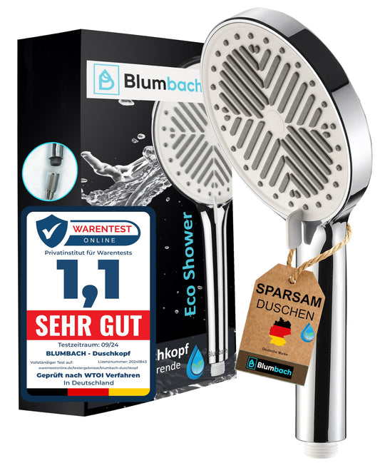 BLUMBACH® water-saving shower head - Eco Shower, water-saving shower head with 3 spray settings, 6-9 l/min, economical shower head, Shower Head, handheld shower, efficient shower spray, award-winning large shower head.
