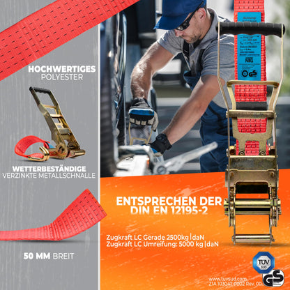 2 pieces of 5000kg 10m ratchet straps with ergo ratchet and hook, 2-part lashing strap for trucks, 50mm TÜV/GS approved.