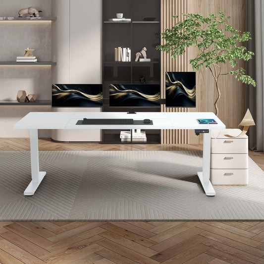 JUMMICO adjustable desk 180 x 80 cm with cable tray, Electric height adjustable standing desk with USB outlet, Computer desk, Ergonomic standing-sitting table, Office desk, White