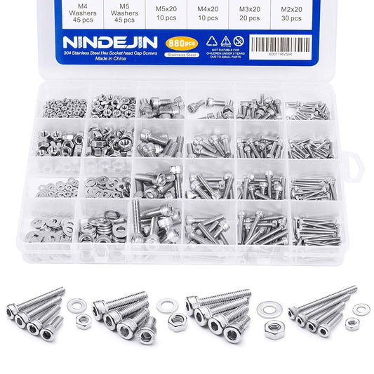 880 Pcs Stainless Steel Hex Head Button Screws, Nuts, and Washers Assortment Kit with flat storage case box + Allen key.
