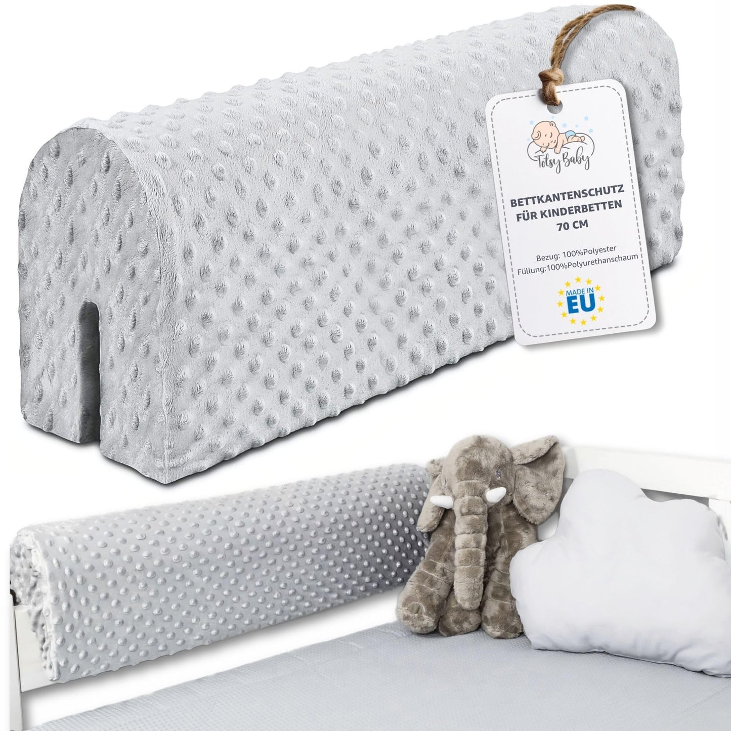 Bed rail for children's beds 70 cm - protection for bed frame Baby bed guard for box spring bed bed rail with cover Edge protection Children's baby bed Light grey