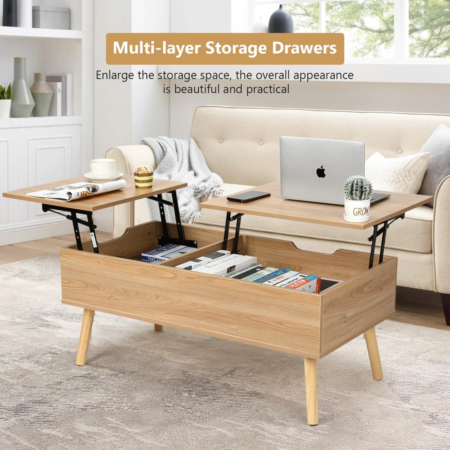 VOWNER coffee table, height adjustable, extendable, retractable living room table, separate hidden storage compartment, double lifting plate, wood color.