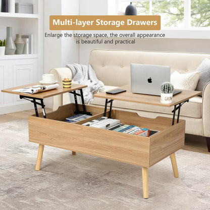 VOWNER coffee table, height adjustable, extendable, retractable living room table, separate hidden storage compartment, double lifting plate, wood color.
