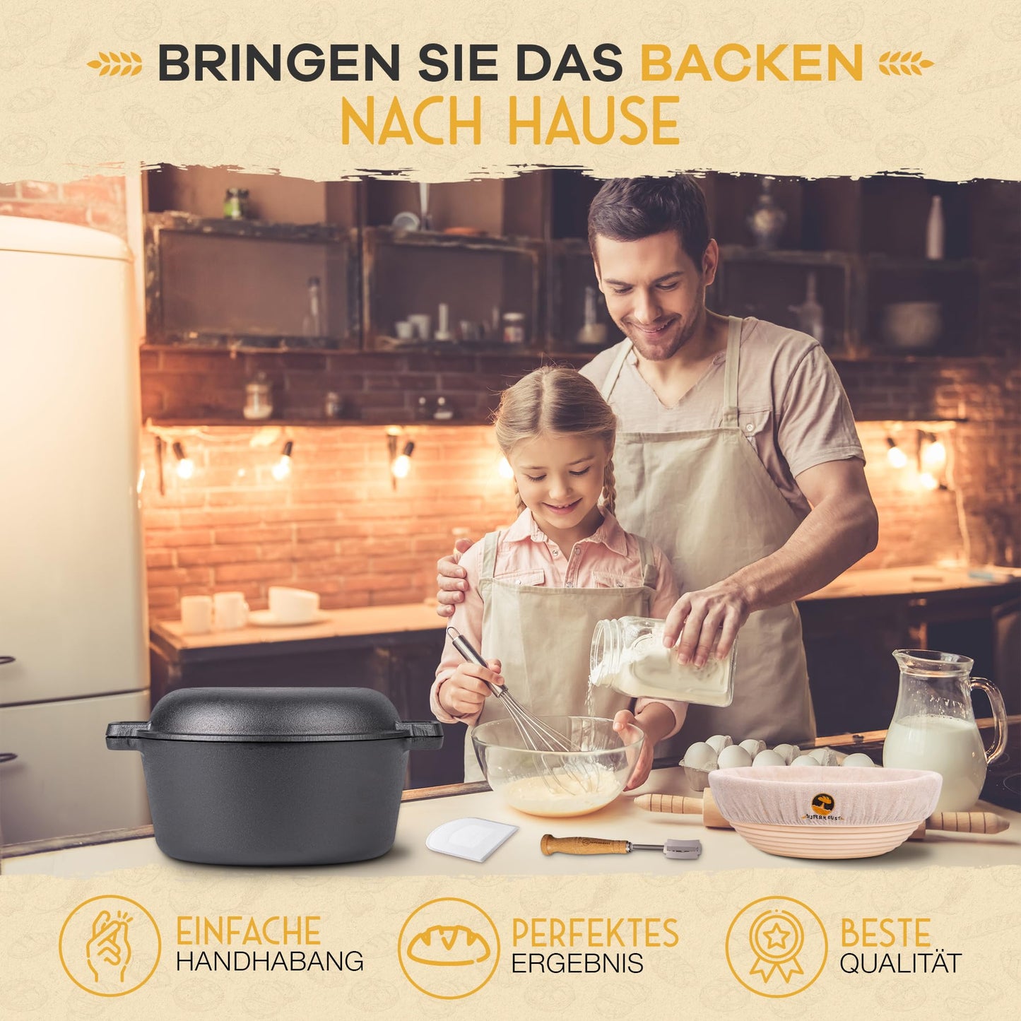 SUPERKRUST Cast Iron Pot Bread Baking including proofing basket, baker's knife & dough scraper - bread baking form with lid 26cm - Ideal bread pot, cast iron pot bread baking, bread baking accessory, bread form.