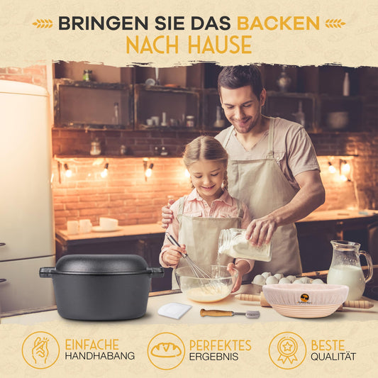 SUPERKRUST Cast Iron Pot Bread Baking including proofing basket, baker's knife & dough scraper - bread baking form with lid 26cm - Ideal bread pot, cast iron pot bread baking, bread baking accessory, bread form.