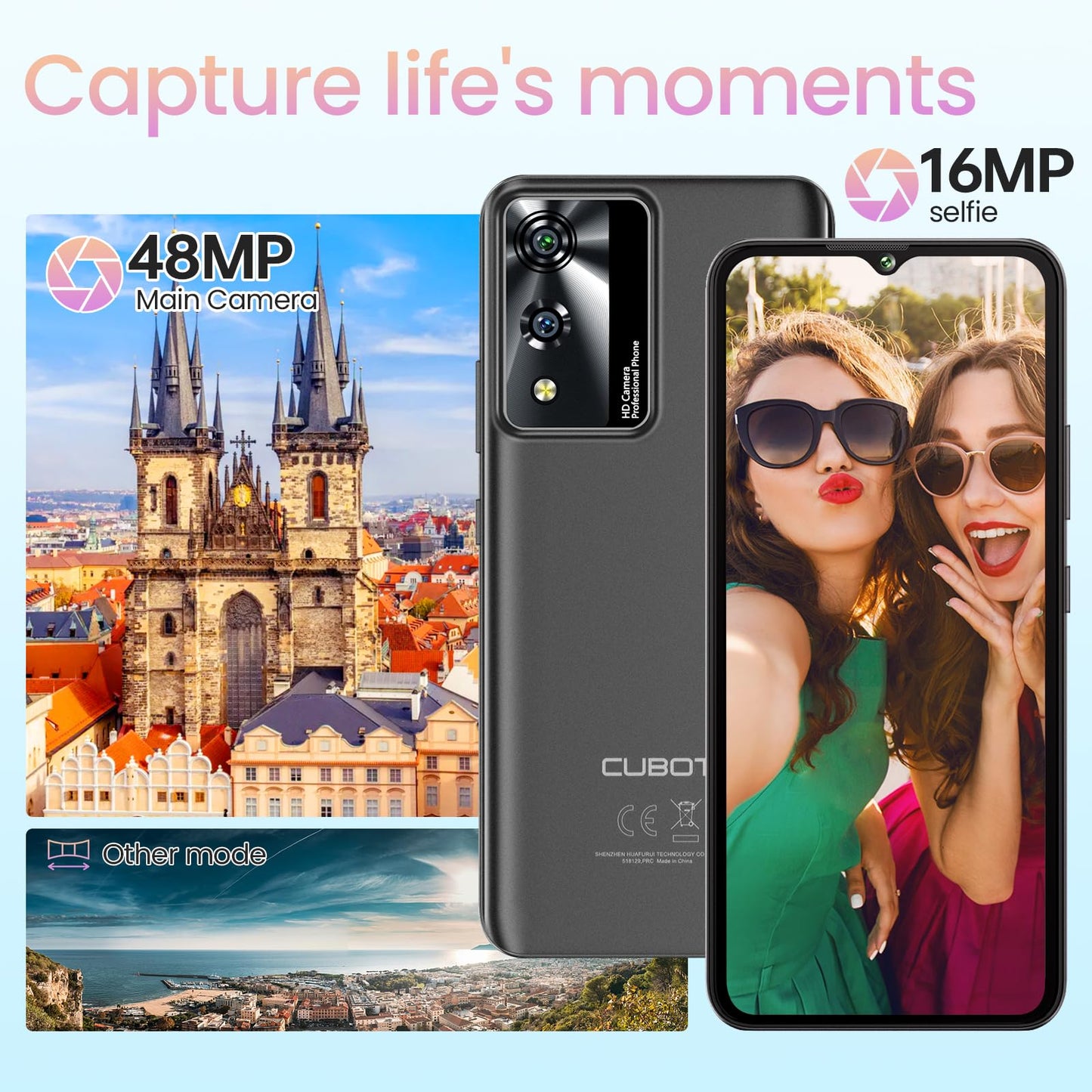 CUBOT A10 phone without contract, 12(4+8) GB+128GB/1TB, Android 14 smartphone affordable, 6.56-inch HD+/90Hz screen, 48MP+16MP camera, 5100mAh, dual SIM 4G unlocked phones, face ID/GPS/OTG