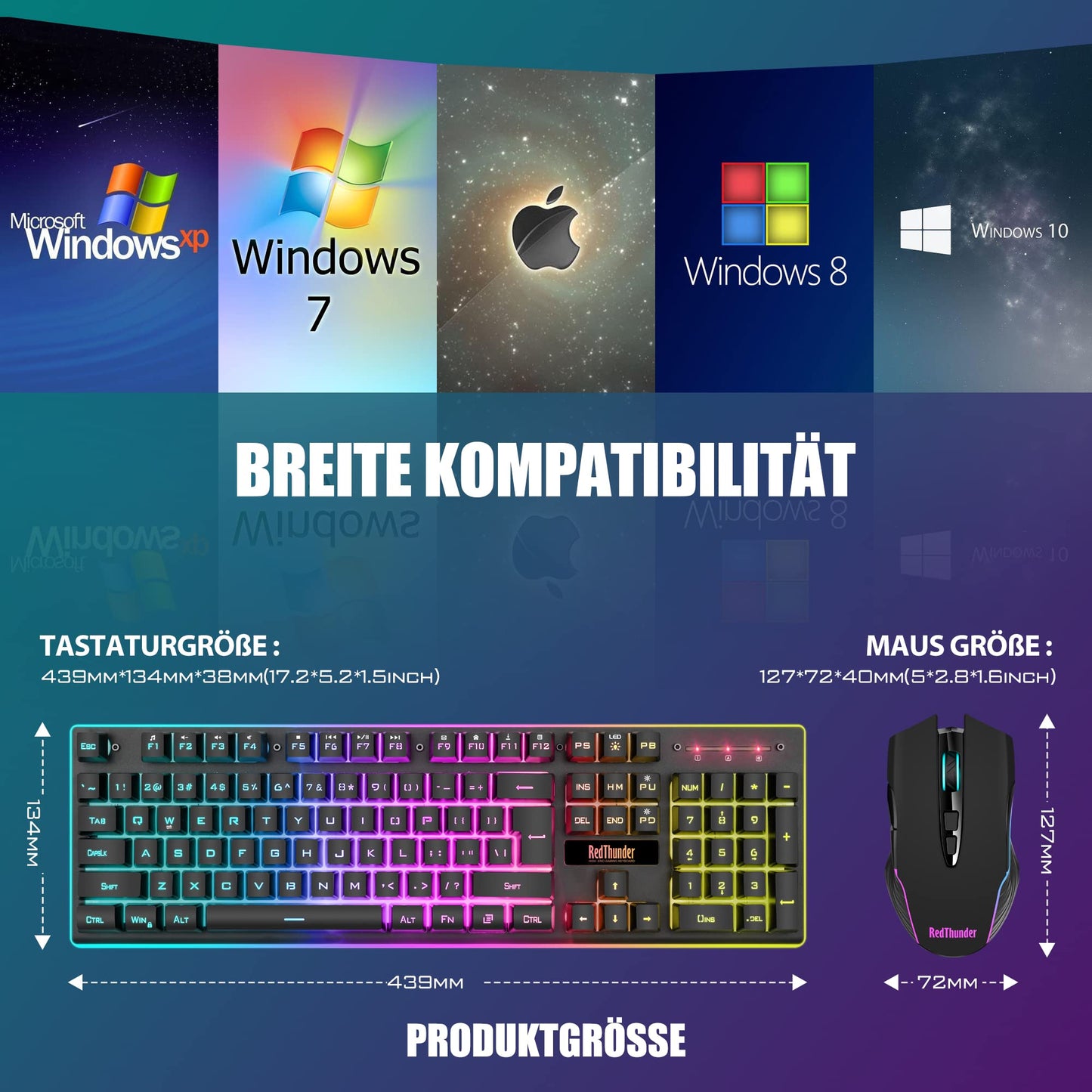 RedThunder K10 Wireless Gaming Keyboard and Mouse Set, QWERTZ DE Layout, 3000mA battery capacity and 3200 DPI for gamers (Black)