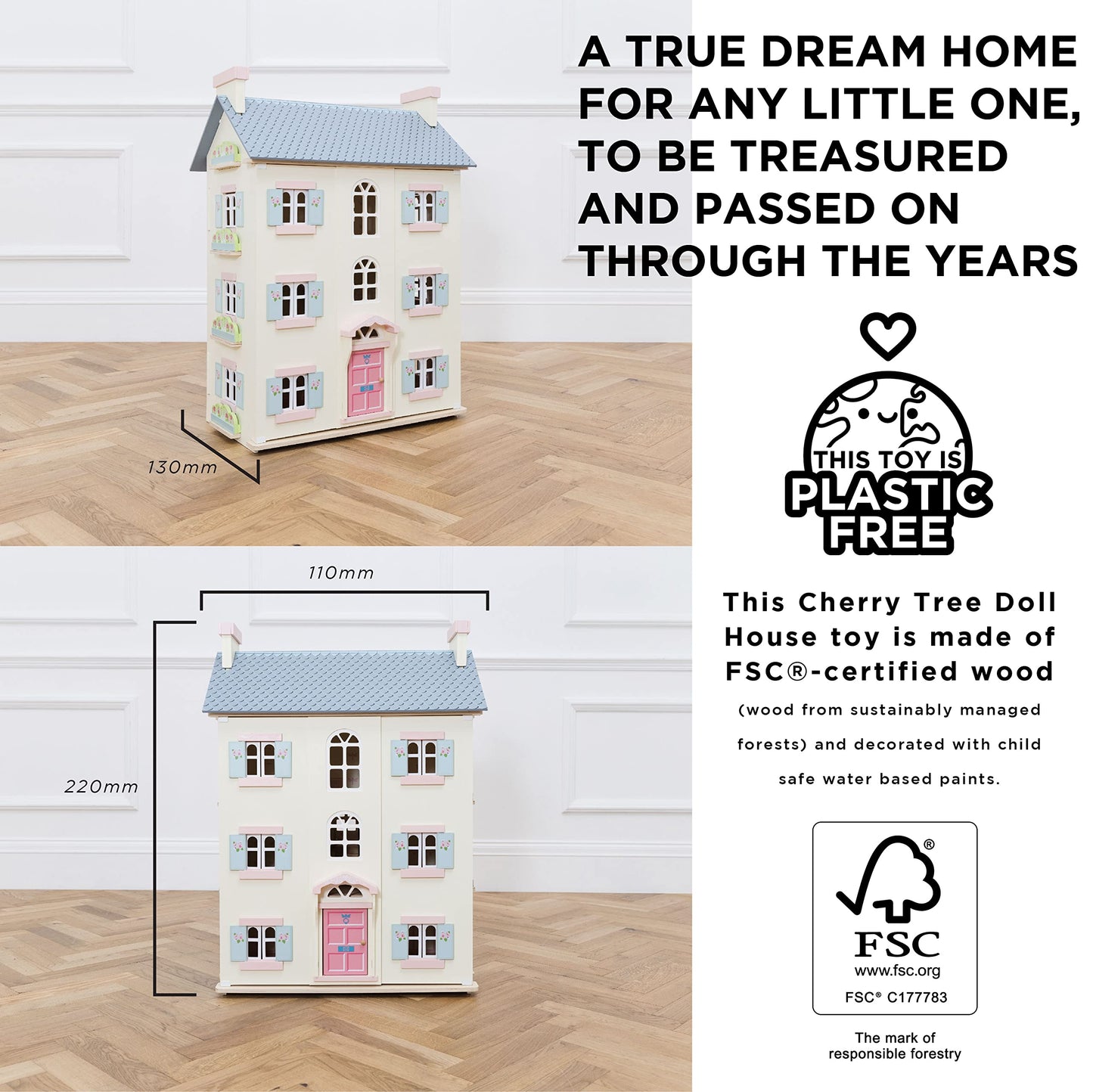 Le Toy Van - Cherry Tree Hall large wooden dollhouse | Wooden dollhouse play set with 4 floors for girls & boys - Suitable for children aged 3 years and above H150