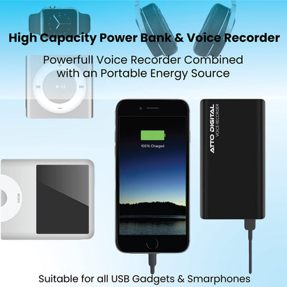 64GB Professional Recording Device - Voice Activation - 18 Days Operating Time - 11mm Thin - Power Bank Phone Charging Function - PoweREC by Atto Digital