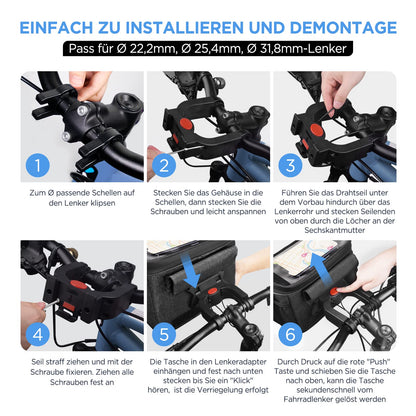 LEMEGO bike bag designed for e-bikes and bicycles, 5.3L capacity, waterproof handlebar basket with adapter. Features adjustable touchscreen phone holder and detachable shoulder strap.