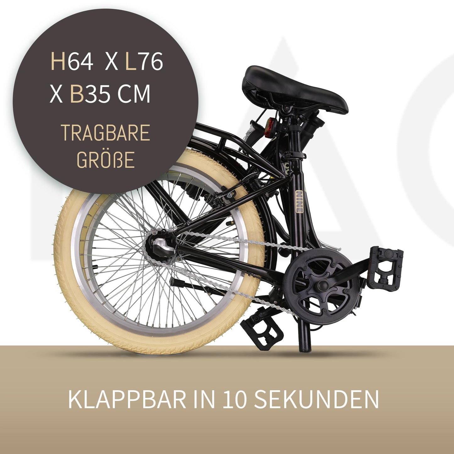 PACTO Nine - Dutch-style bike with comfortable folding design. 27cm steel frame, 20-inch wheels, Nexus 3-speed hub gear. Foldable for adult men and women.