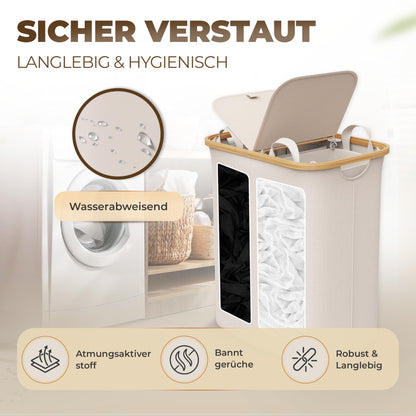 Laundry basket 150L with 2 lids and 2 compartments - Foldable laundry collector made of bamboo fabric Beige - Laundry box, laundry chest, laundry container, laundry separator for bathroom, bedroom & laundry room.