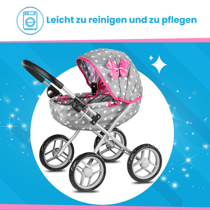 Children's play doll's pram - Lightweight & sturdy with aluminum frame - For dolls up to 40 cm, Indoors & Outdoors - Foldable with canopy & basket, Handle height 54 cm - Gray