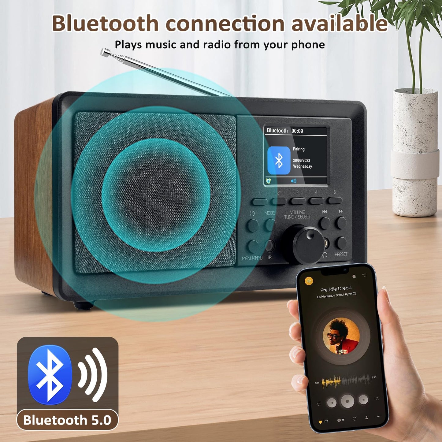 BIAOQINBO DAB Plus Radio/DAB+ with Bluetooth 5.0 FM Digital Radio Nostalgia Radios Portable Retro Radio Wood FM Radio Alarm Clock with Remote Control Kitchen Radio Dual Alarm Color Display Clock Radios