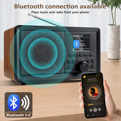 BIAOQINBO DAB Plus Radio/DAB+ with Bluetooth 5.0 FM Digital Radio Nostalgia Radios Portable Retro Radio Wood FM Radio Alarm Clock with Remote Control Kitchen Radio Dual Alarm Color Display Clock Radios