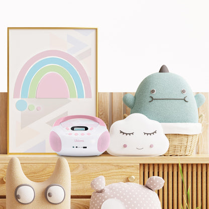 mooov 477407 CD player for kids with speakers, USB, headphone jack, AUX-IN port - Portable boombox CD player - Mains or battery operated - Unicorn design - Pink/white