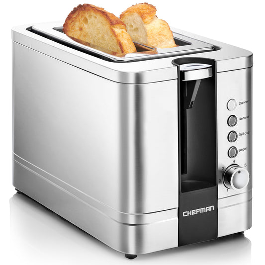 Chefman Stainless Steel 2-Slice Toaster with 7 browning settings, extra-wide slots for bagels, functions for defrosting/warming/stop, removable crumb tray, 925W, 240V, Silver.