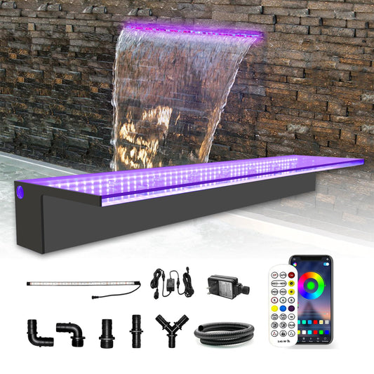 LONGRUN Waterfall Overflow APP Control Multicolor LED Light Outdoor Pool Fountain, Acrylic Water Overflow Koi Pond Waterfall Fountain Kit for Garden Patio Pool Decoration - 90 cm