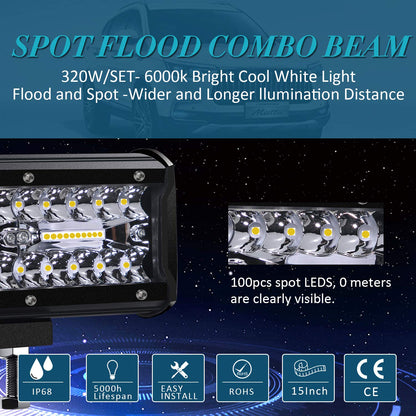 Kraumi LED auxiliary lights, 15 inch 320W Cree LED work lights 32,000lm LED headlights 12V car headlights Offroad floodlight Waterproof IP68 work light.