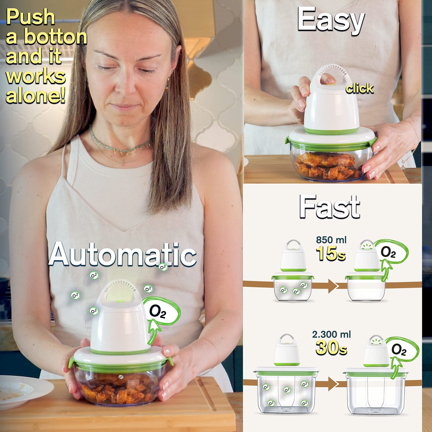 FOSA BARCELONA 3-piece Starter Kit - keeps food fresh longer in vacuum - food storage containers with vacuum pump (TURTLE) + 3 x FOSA MADRID rectangular storage containers.