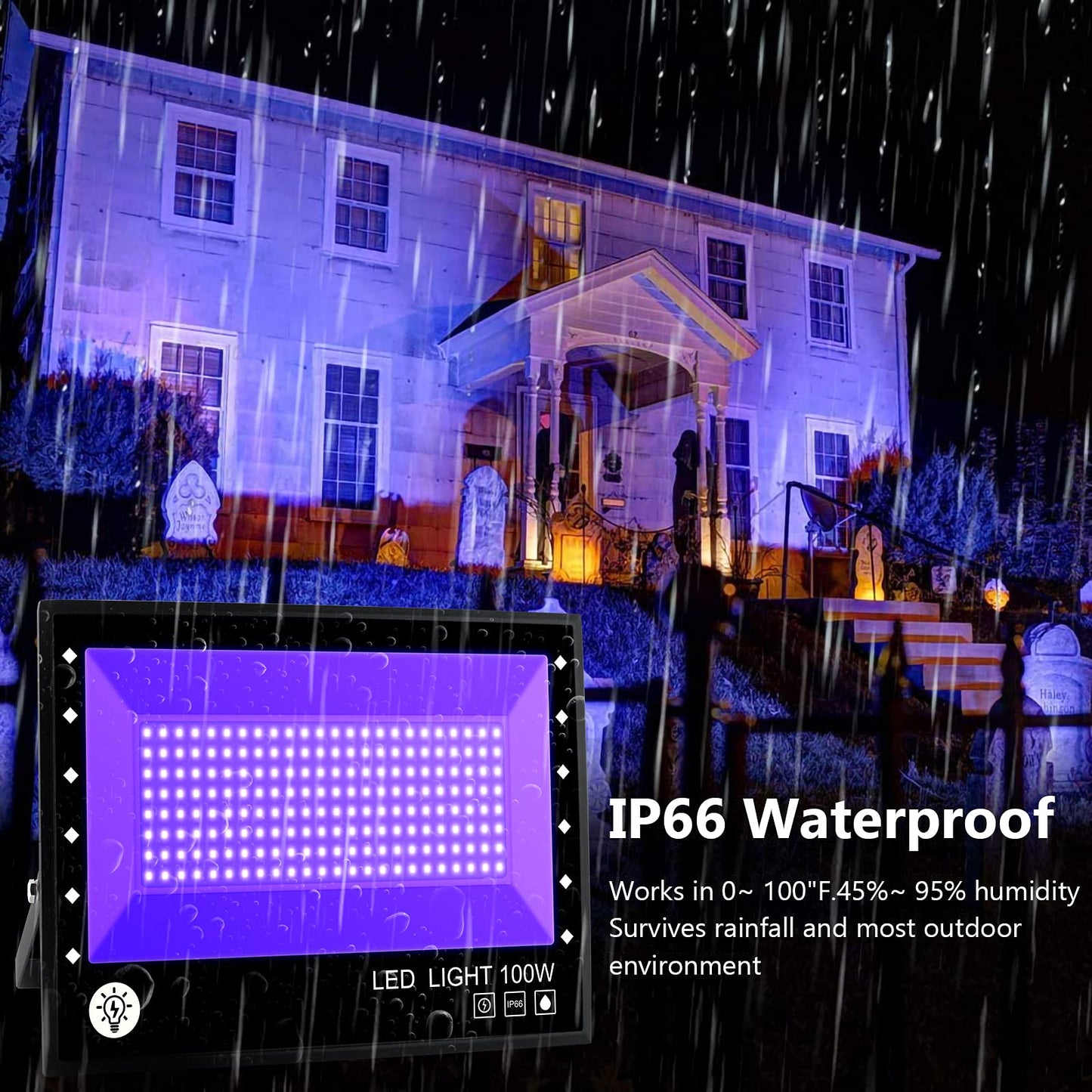 BOSITE LED Blacklight Spotlight, 100W UV Party Light, Blacklight with Cable Floodlight IP66 Waterproof Lamp for Halloween, Aquarium, Concert, Party, Bar, Neon Colors.