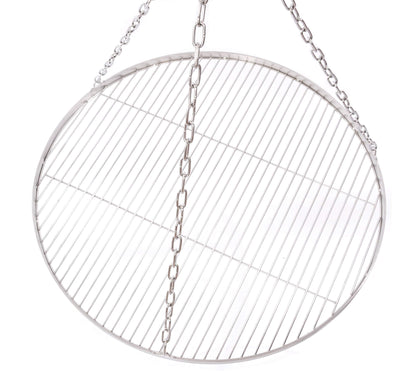70 cm stainless steel grill grate for tripod swing grill, with chain and 14 mm rod spacing.