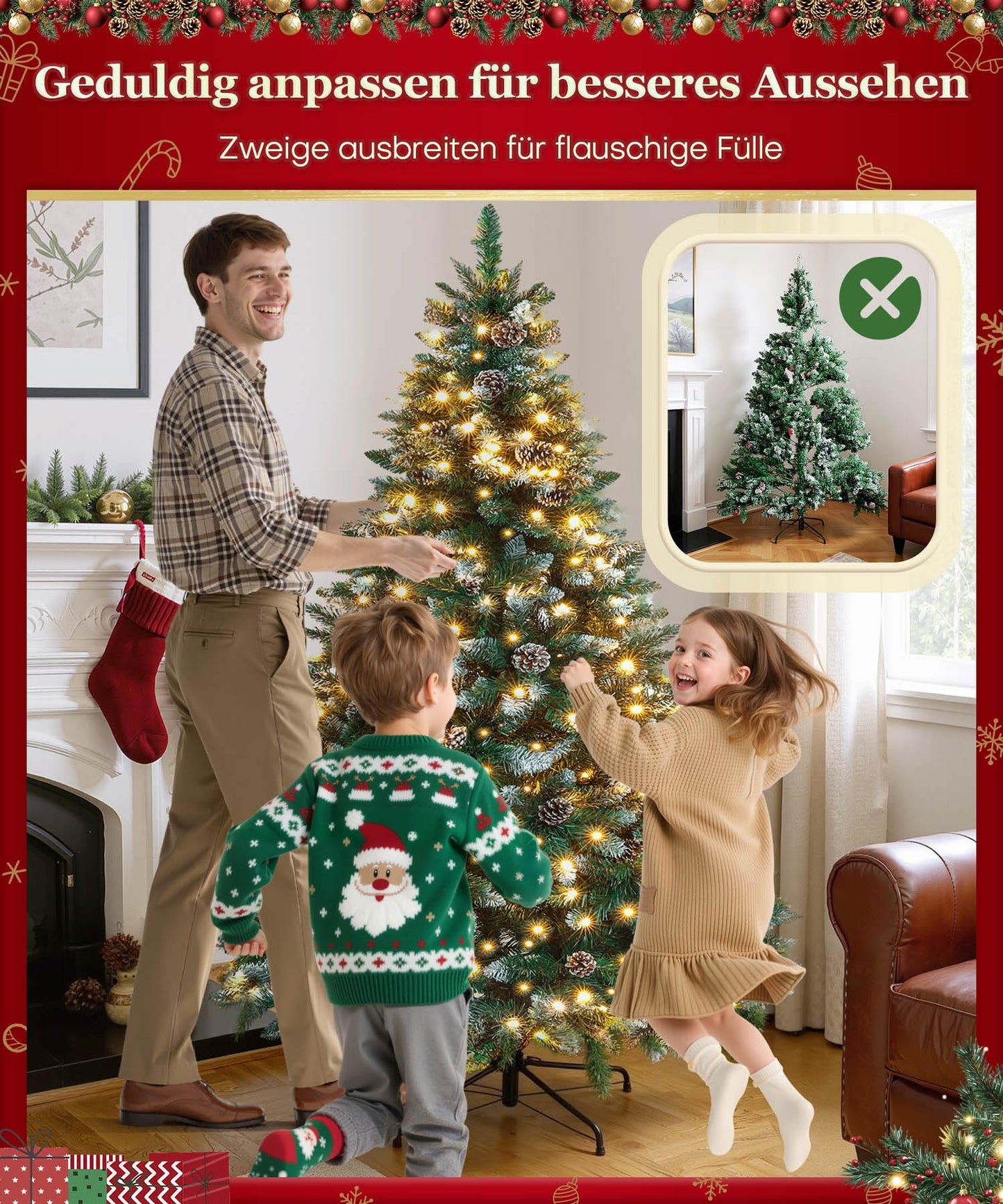 Yorbay artificial Christmas tree with lighting and white snow, LED pine tree for Christmas decoration with real pine cones, fire-resistant (180CM)