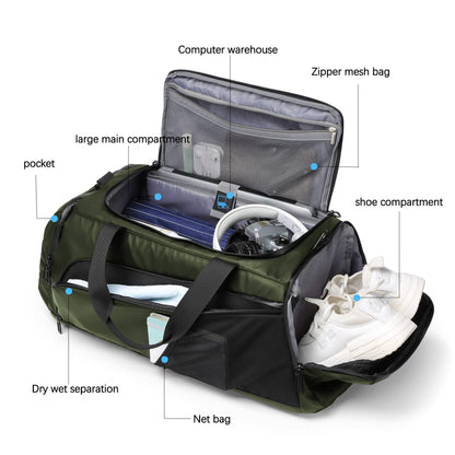 Men's duffel bag with shoe compartment, wet pocket, and water-resistant material. 40L capacity, perfect for gym, travel, or weekend trips. Suitable for both men and women. (Dark green)