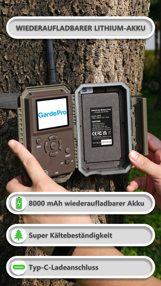 GardePro E8P wildlife camera with WiFi, rechargeable 8000mAh battery, 64MP 1296P resolution, motion sensor night vision, mobile transmission, WiFi, app.