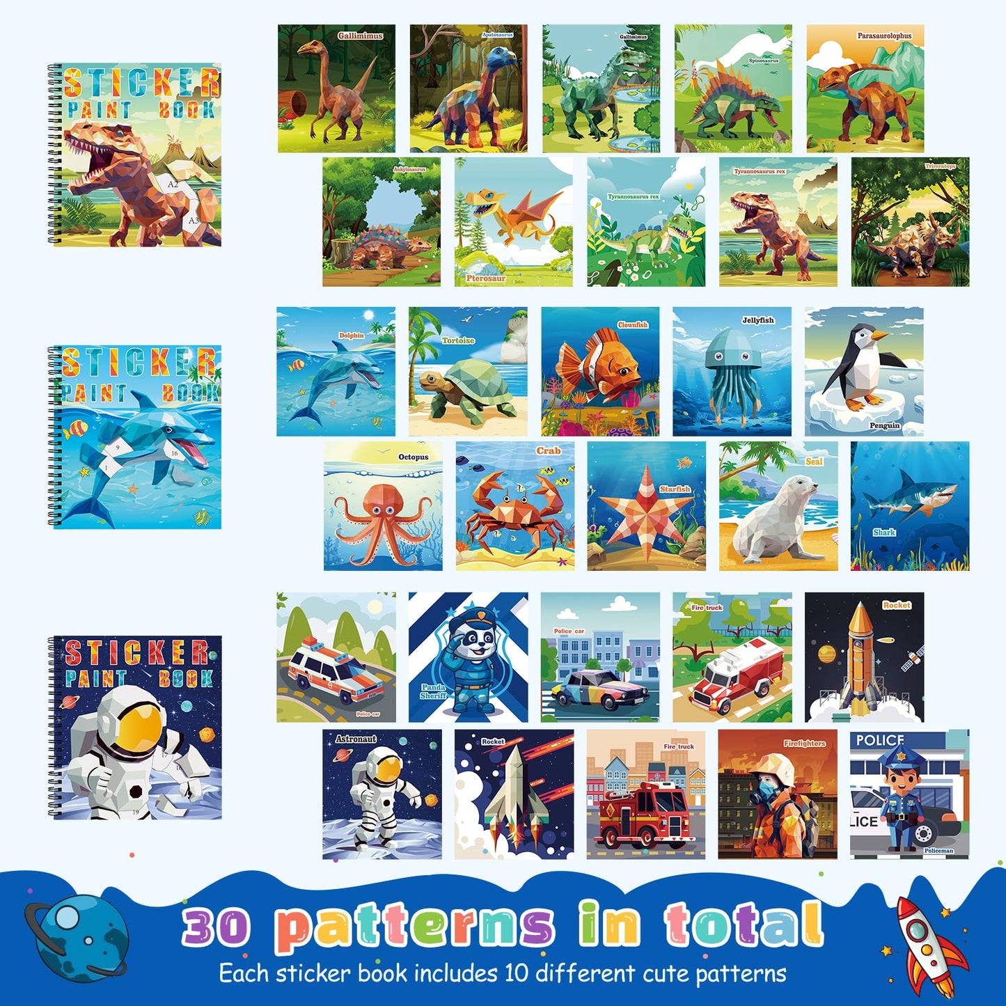 TCJJ 3Pcs Dinosaur Sticker Book for Kids 4-10 years old, 30 picture sticker book for girls by number, children's sticker books to improve intelligence, for Christmas gifts, school.