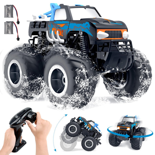 Gindoly Remote Control Car, 2.4 GHz Remote Control Monster Truck, 4WD 15+ km/h Hobby Offroad RC Car, Waterproof Terrain Vehicle with 2 Batteries, Toy for Kids aged 6-12 years.