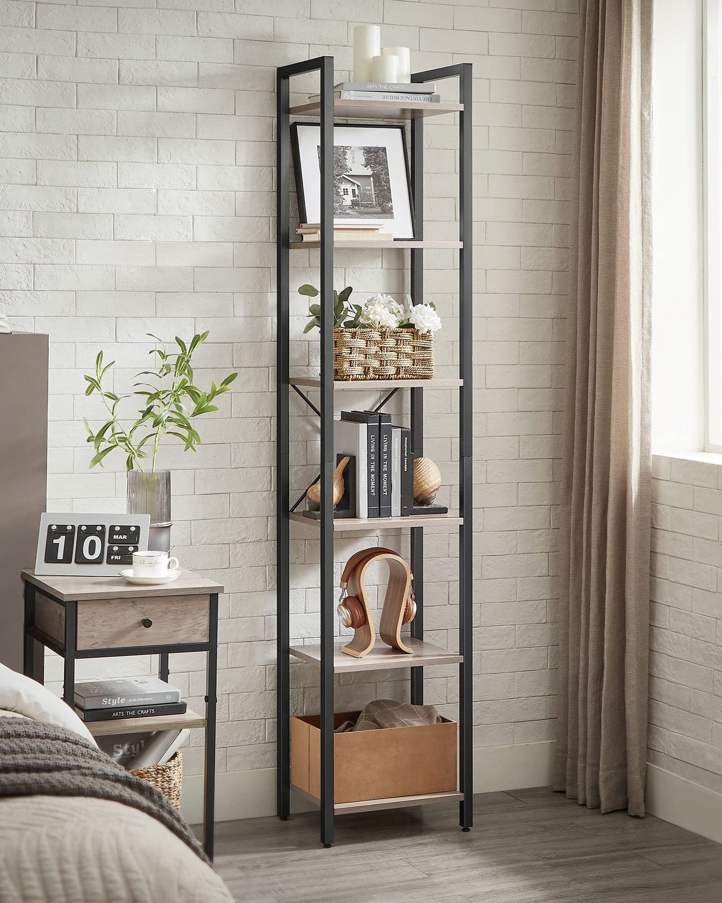 VASAGLE Shelf, Bookshelf, Standing Shelf, DVD Shelf, with 6 Levels, Office Shelf, Open Shelves, for Office, Living Room, Bedroom, Kitchen, 30 x 40 x 186 cm, Beige-Black LLS101B02
