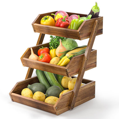 CALM COZY 3-tier Fruit Basket Wood, Decorative Fruit Basket Organizer, Vegetable Bread Storage Holder for Countertop Kitchen