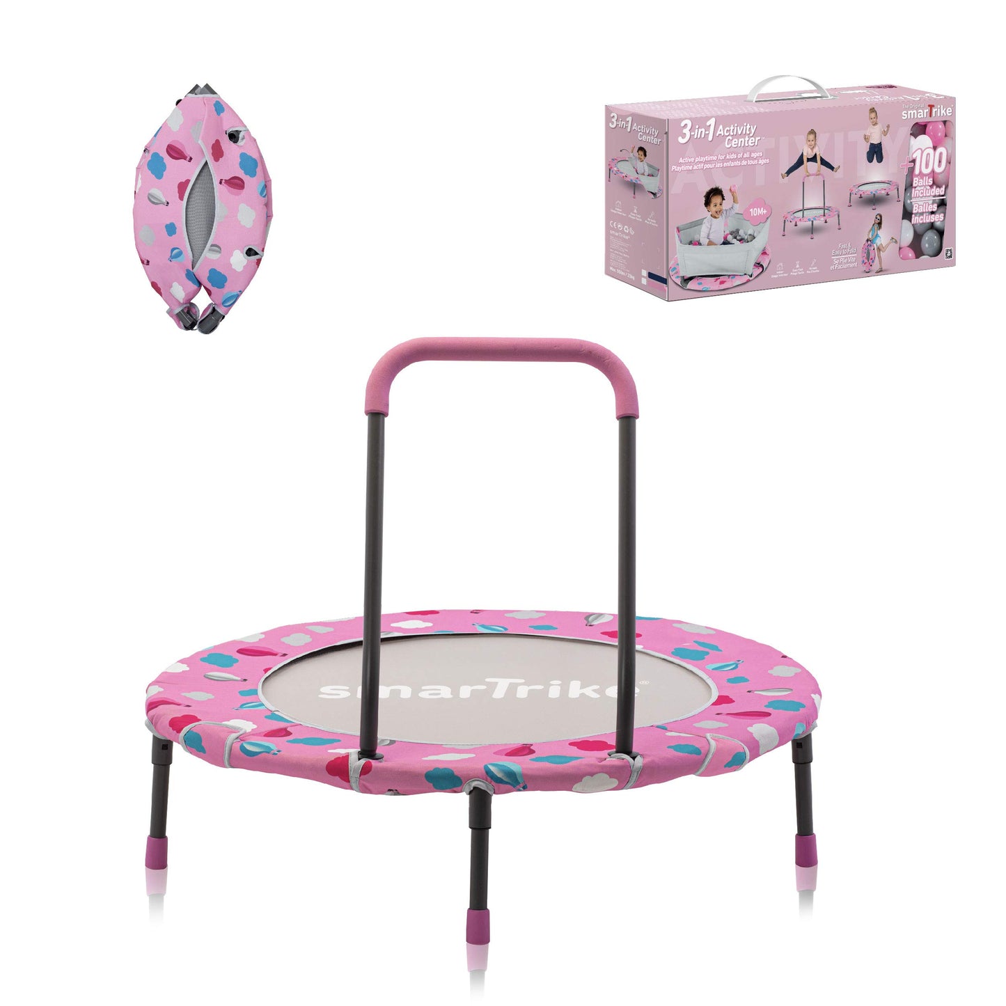 smarTrike indoor toddler trampoline with handlebar, foldable kids trampoline, 1-5 years (ball pit and trampoline, Pink)