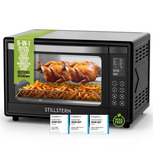 Stillstern Mini Oven with Fan 45L (DE vers) Pizza Ø32, CYCLONE PRO+ non-stick coat, 13 progs, defrost&keep warm, 8h timer, Camping Mini Oven with Fan Pizza Oven Mini Oven small Chicken Grill