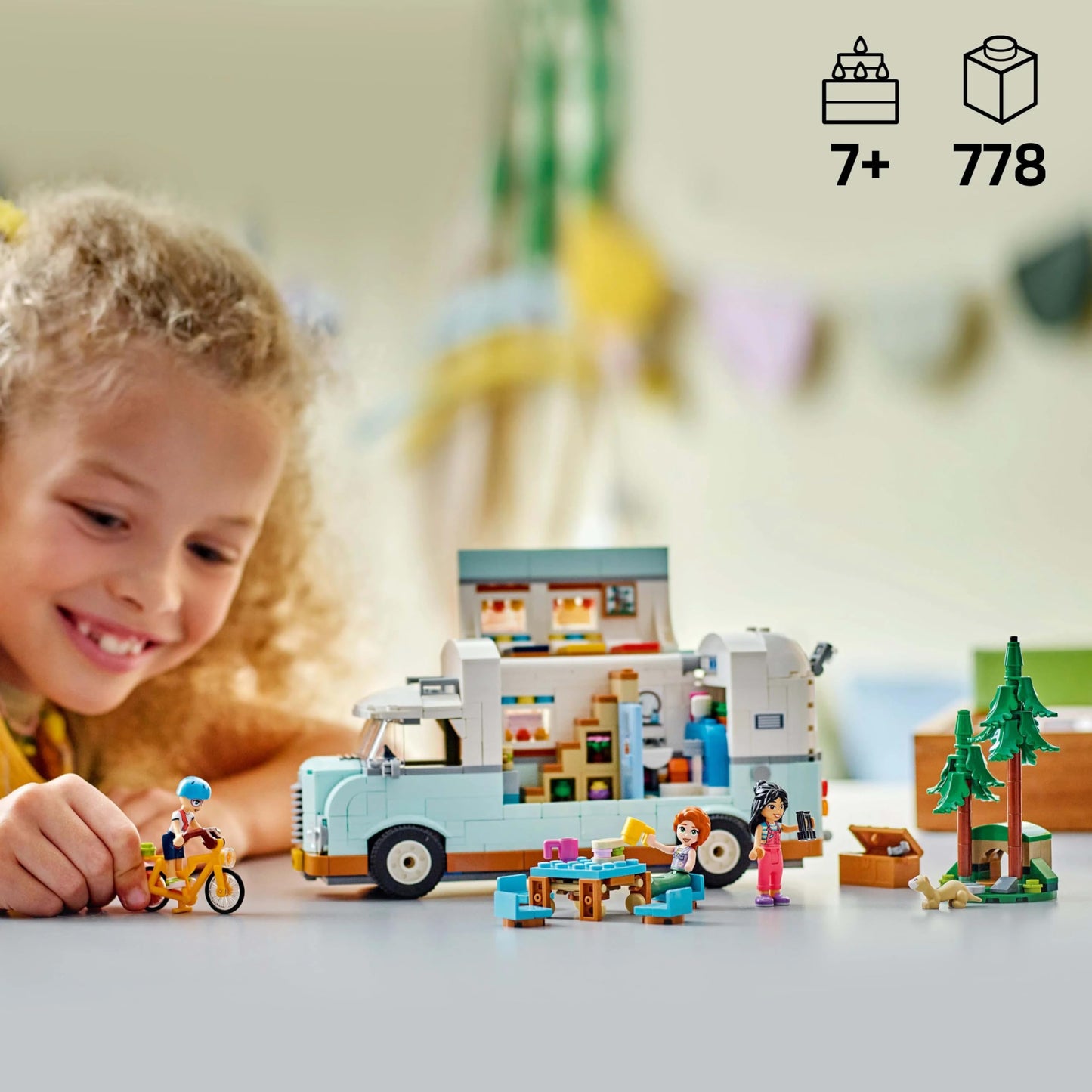LEGO Friends RV, play set with toy caravan, gift for girls 7+, creative roleplay with 3 minifigures and ferret figure 42663