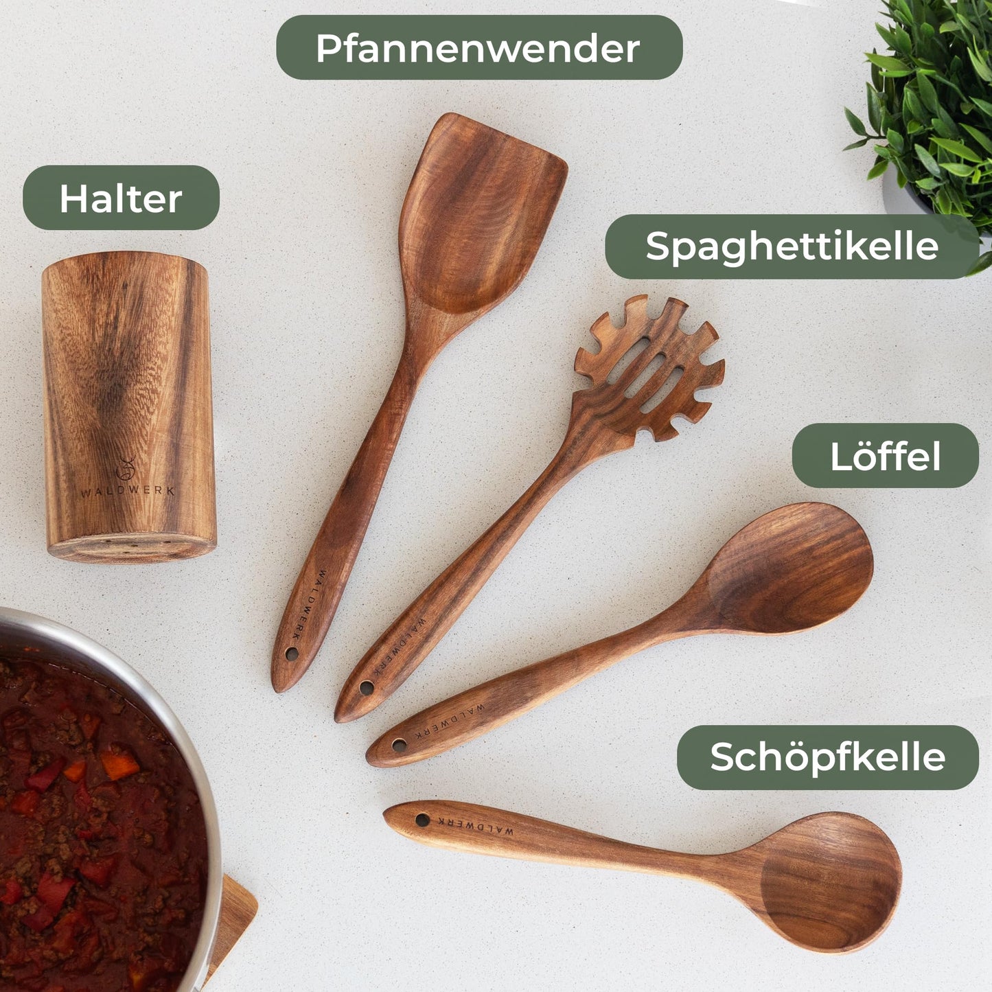 FORESTWORK kitchen utensil set made of teak wood - 4-piece cooking spoon set with spatula, wooden spoon, pasta server, and holder - wooden cooking spoons - wooden spatula - cooking utensil set