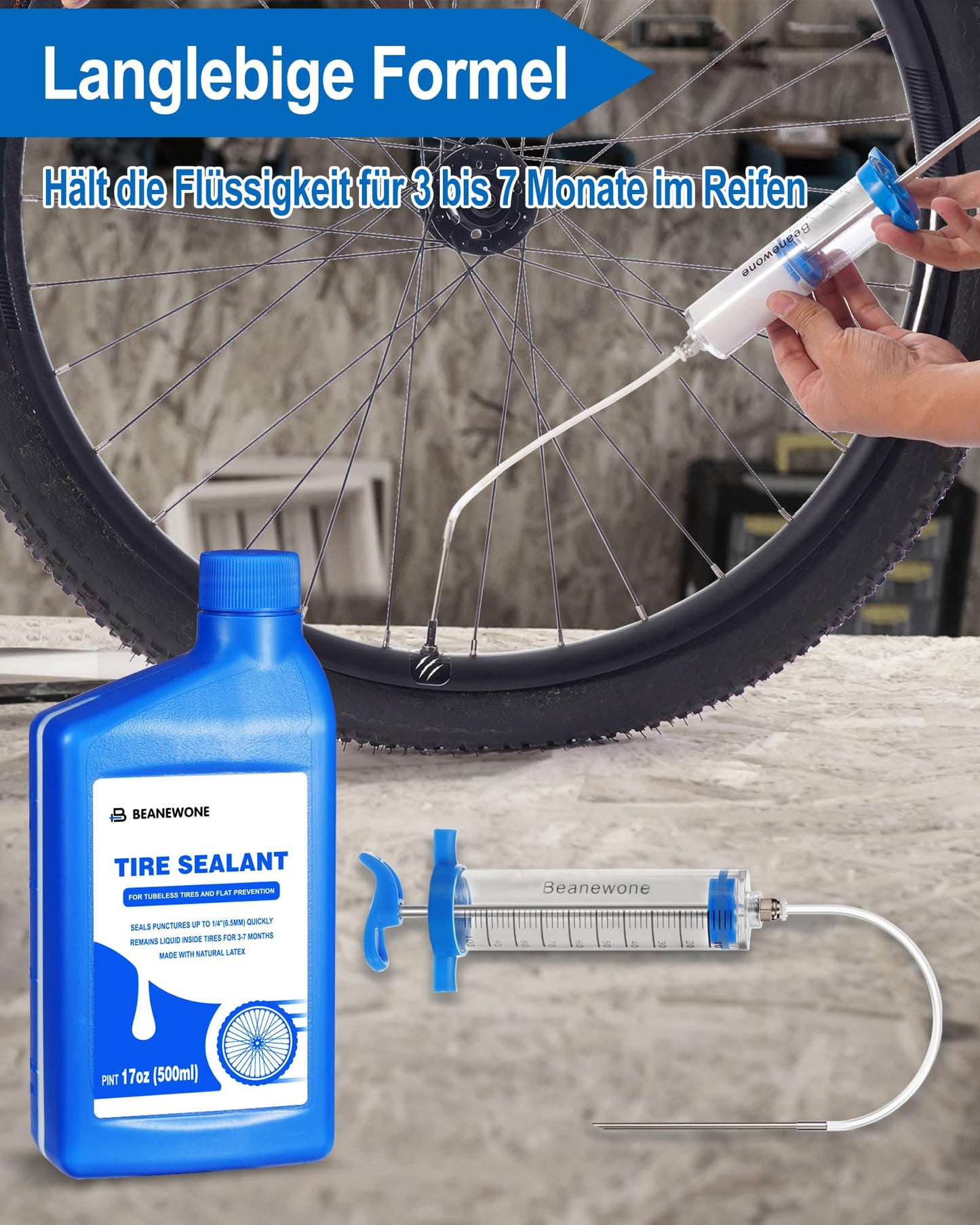 Beanewone tubeless sealant, 500ml tubeless milk and tubeless syringe for direct injection of long-lasting sealant into MTB and road bike tires.