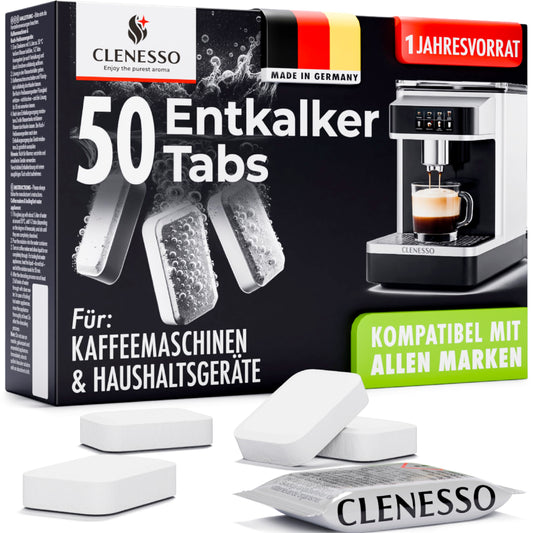 CLENESSO descaling tablets for coffee machines (50 pcs) - Descaler coffee machine tabs compatible with Siemens EQ series, Jura, Krups, Delonghi, Philips, Miele, Tassimo, Nespresso, and more.